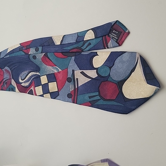 Bellagio Men's Tie 100% Silk Abstract Blue, Green, Burgundy - Picture 2 of 4